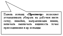Прямоугольная выноска: Панель команд «Просмотр» позволяет устанавливать убирать на рабочем листе сетку, линейки, направляющие линии, вклю-чать выключать видимость точек присоеди-нения и др команды
